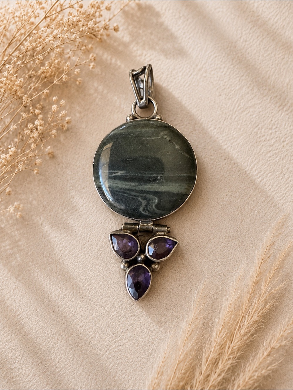 Sterling Silver Green Striped Jasper and Purple Amethyst Pendant Necklace